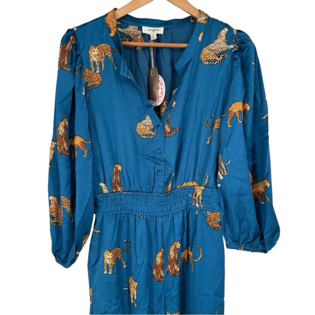 Umgee Teal Cheetah Print Satiny Smocked Waist Jumpsuit size Medium 3/4 Sleeves - Image 3