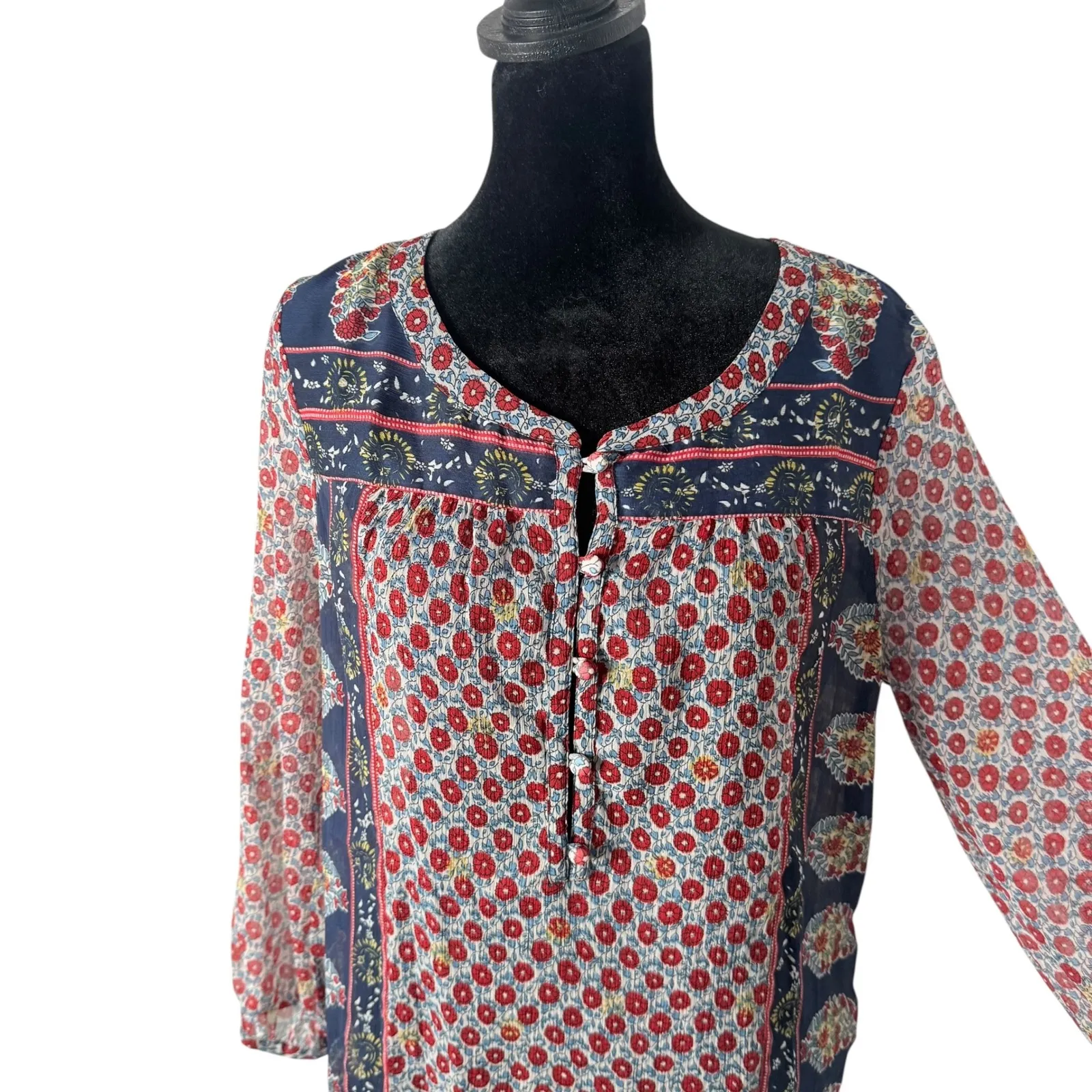 Lucky Brand See Through Top Size S Sheer‎ BOHO Hippie Red Blue Floral Festival - Image 4