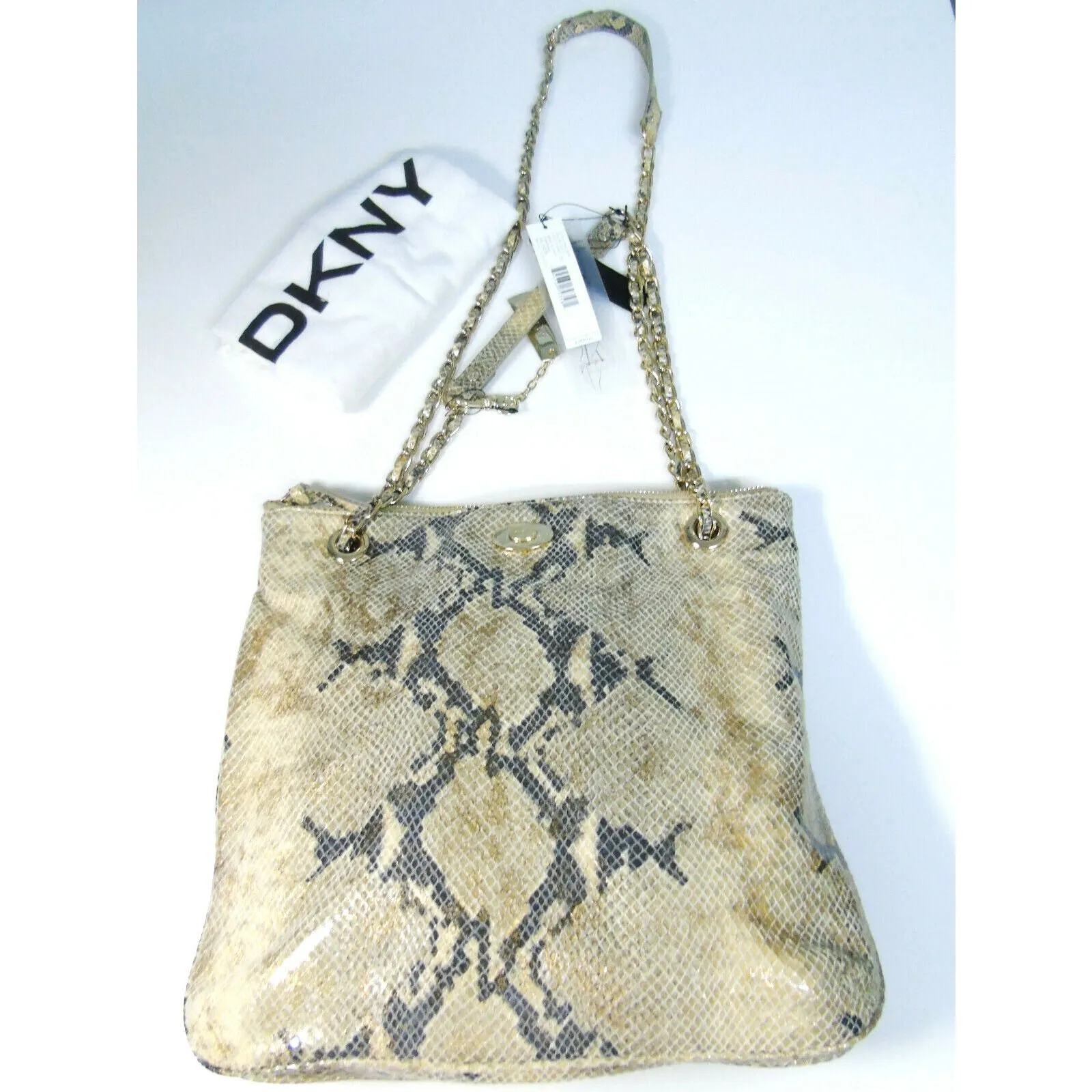 Dkny Leather Handbag Gold Gray Python Snakeskin Crossbody Shoulder Chain Purse - Image 5