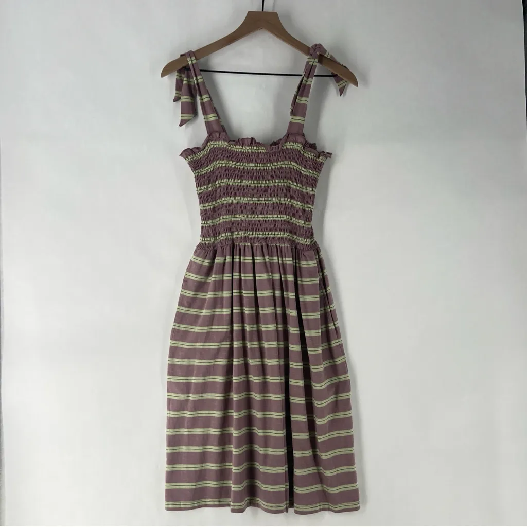 Toad & Co Gemina Sleeveless Dress Faded Lilac 90s Stripe Smocked NWT Size‎ M Purple Size M - Image 2