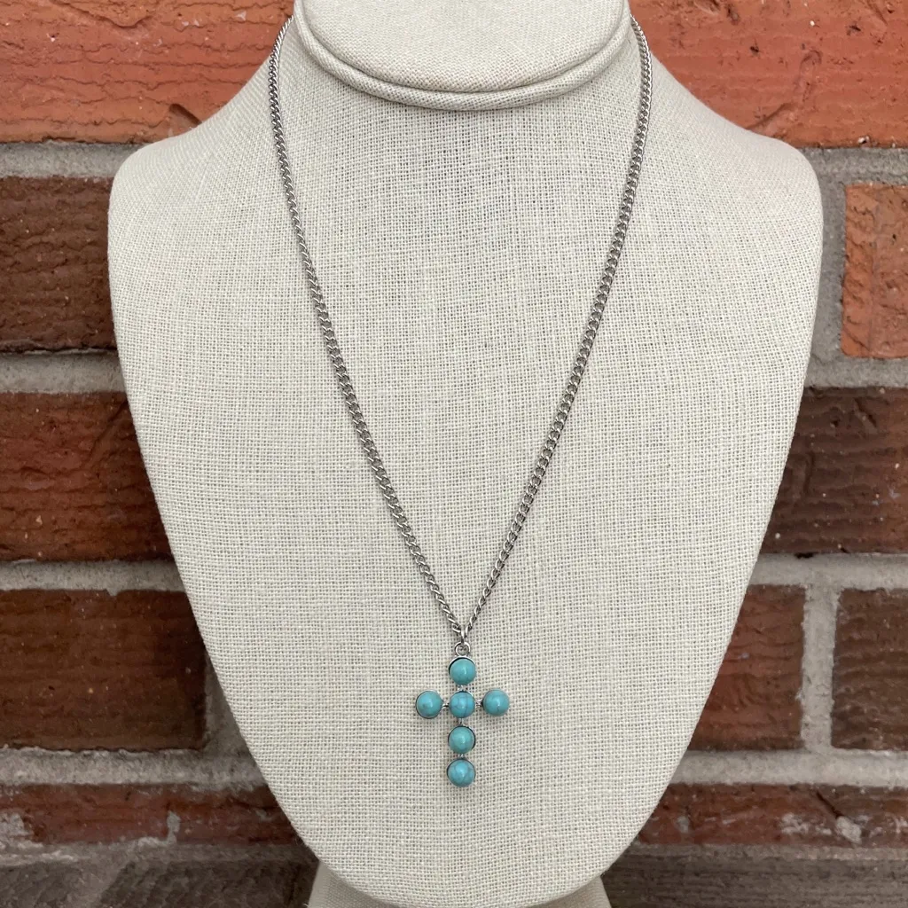 Faux Turquoise Cluster Cross and Spaced Bead Necklace Set - Image 3