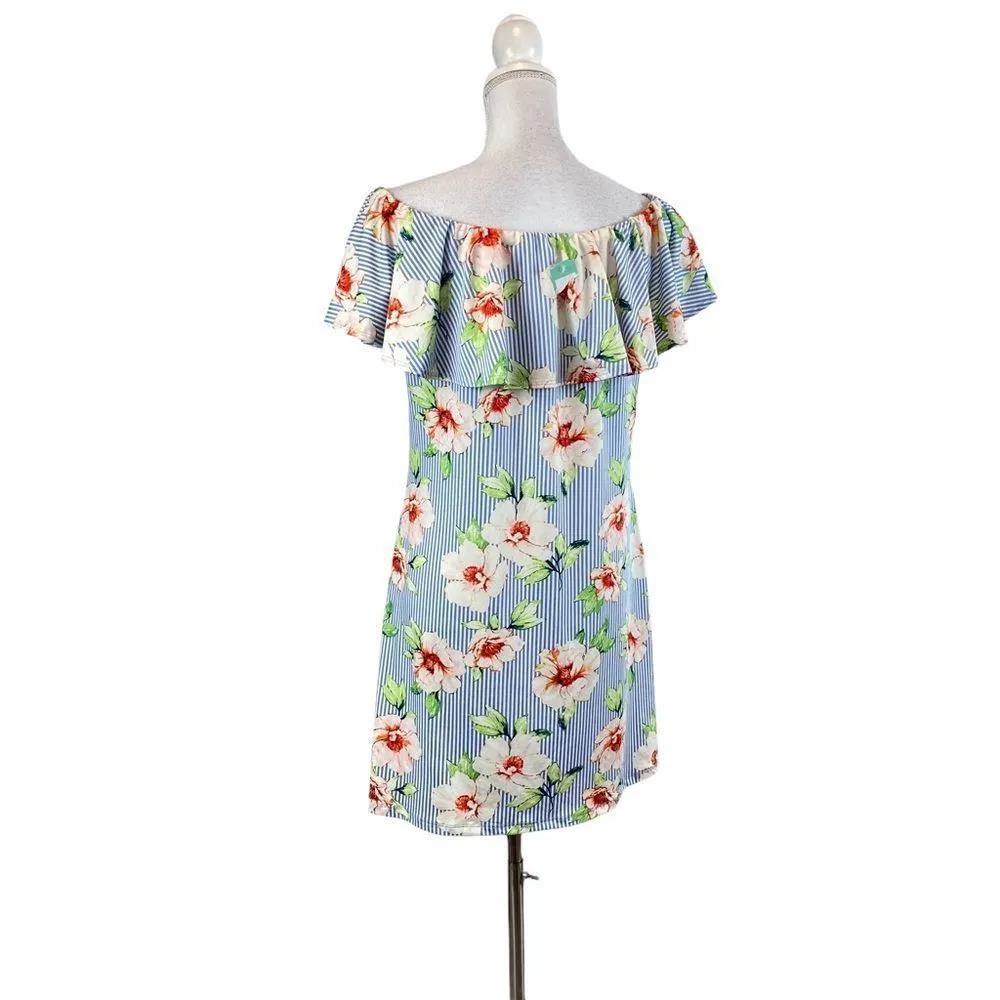 STITCH FIX VERSE Stripe White Blue Floral Off Shoulder Mini Large Dress - Image 6