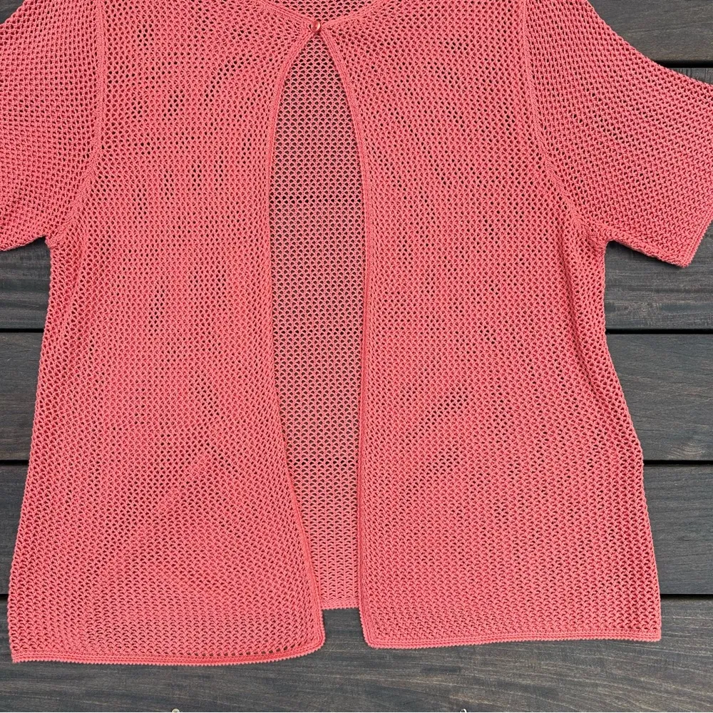 Salmon Pink Vintage Cotton Sag Harbor Crochet Netted Short Sleeve Cardigan Size XL - Image 2