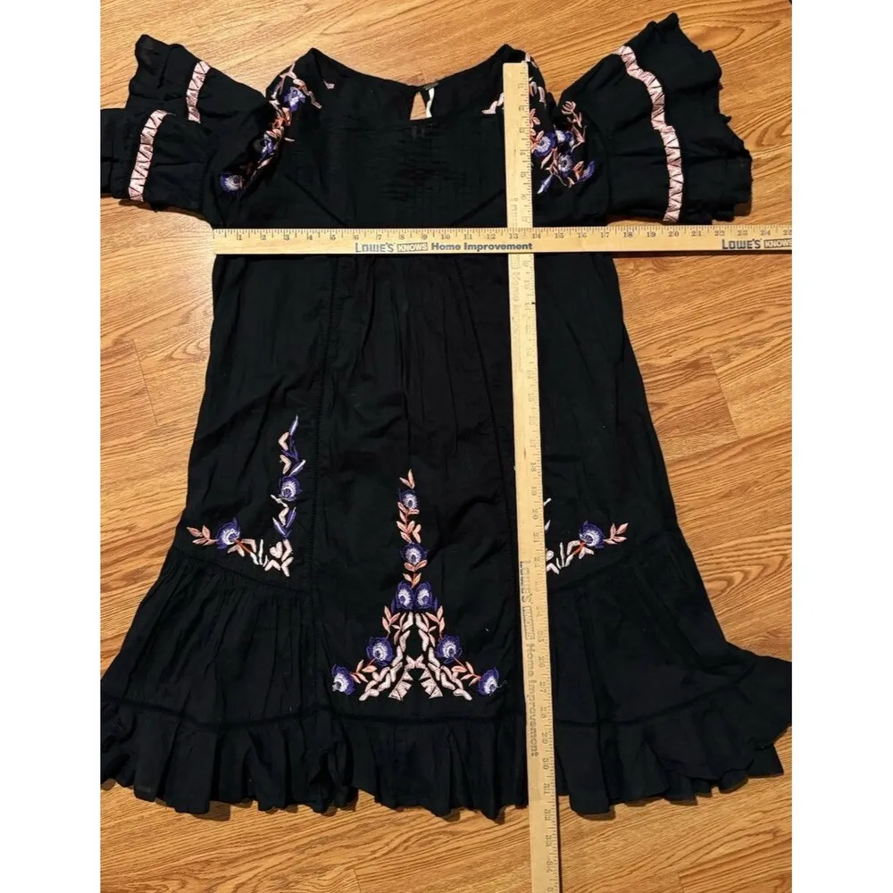 PAVLO 100% Cotton Embroidered Black Dress S Ruffle Boho 3/4 Sleeve - Image 11