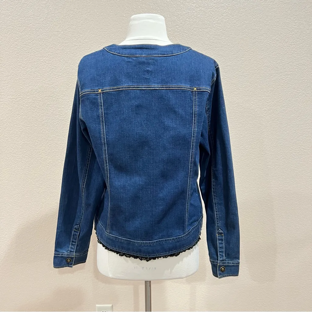 Sahalie Classic Blue Jean Jacket with Black Lace Trim Size Medium - Image 4