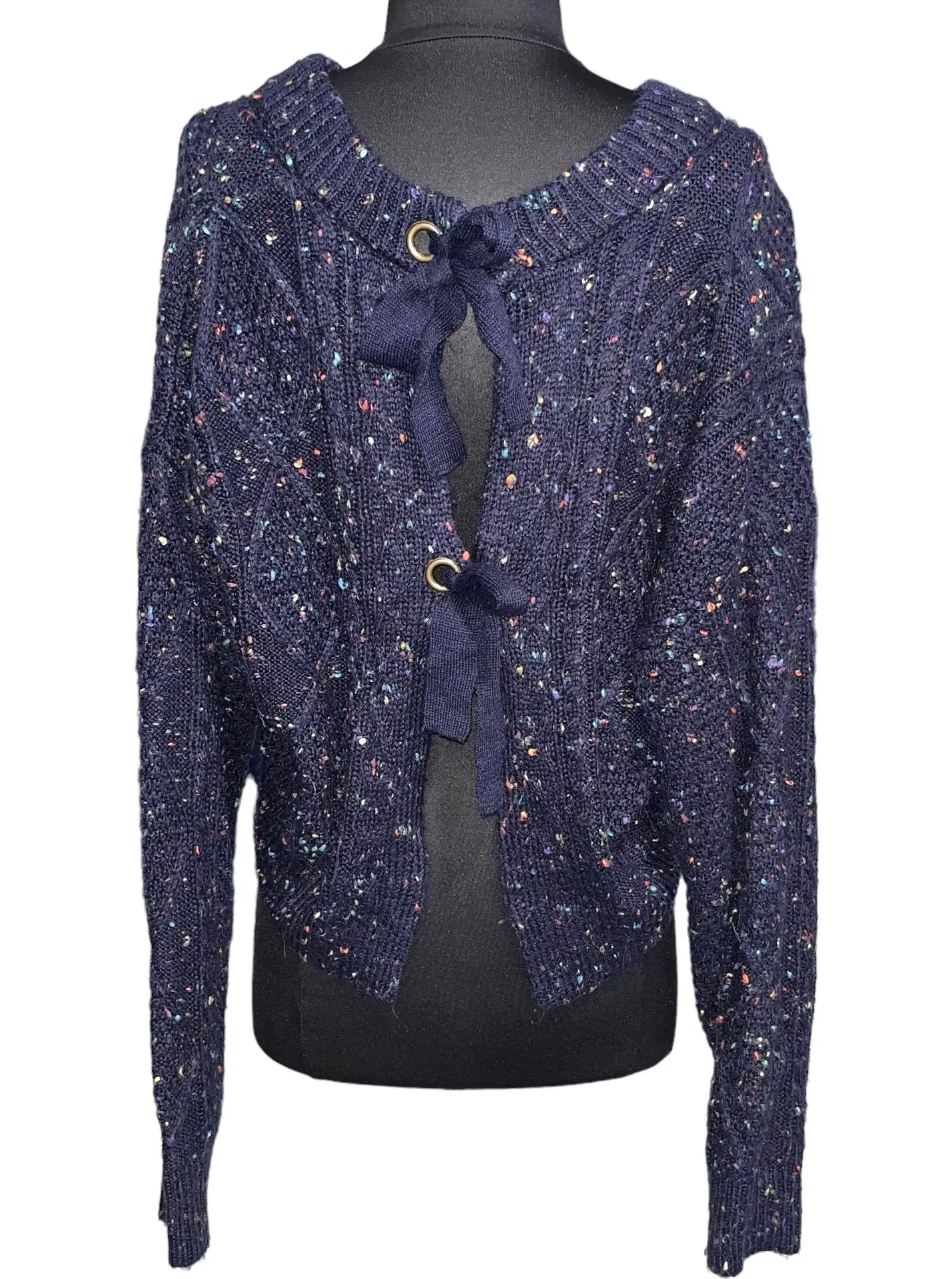 Women’s  Navy Blue Speckled V-neck Tie-Back Cropped Sweater - Image 2