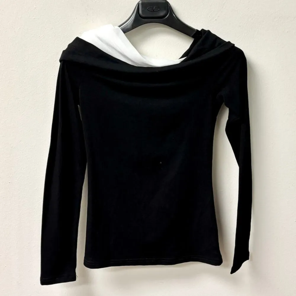 Commense Asymmetric Off Shoulder Long Sleeve Mesh Top Black Women's Size S - Image 3