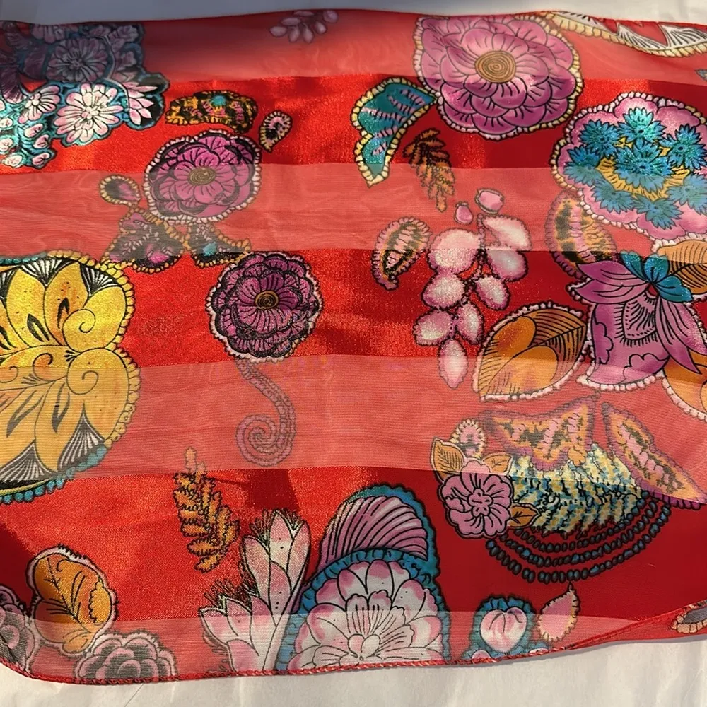 Red Satin Floral Striped Semi Sheer Scarf 13 x 60 Inches - Image 6