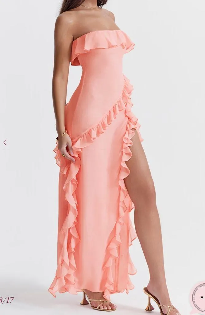 House of CB Sarina Peach Ruffle maxi Dress size large - Image 5
