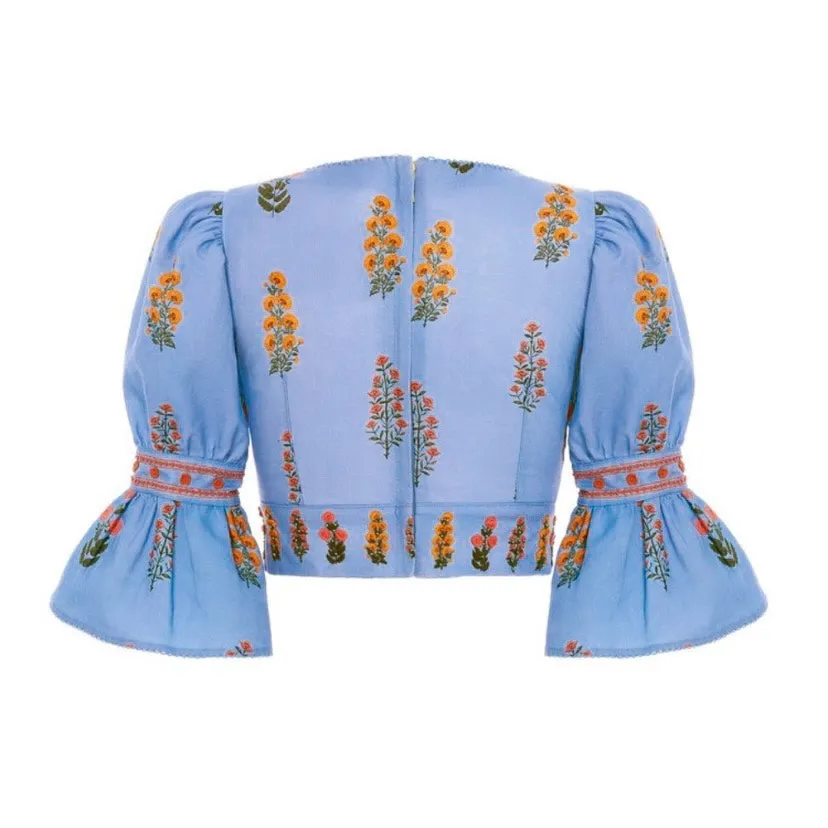 Agua by Agua Bendita Violeta Dahlia Blue Linen Embroidered Floral Cropped Top - Image 2