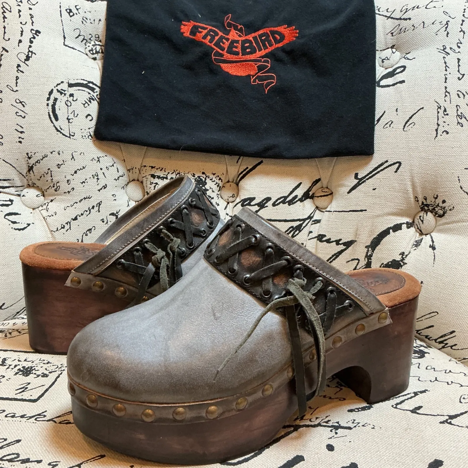 Freebird Woodstock Platform Clogs Wood Heel Leather Lace Up Gray Size 9 - Image 2