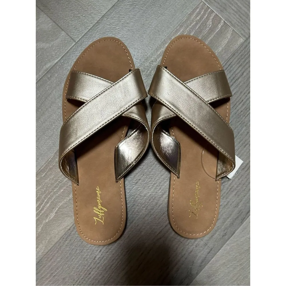 NEW Luffymomo Open Top Flat Sandals Slip on 9 Gold - Image 5