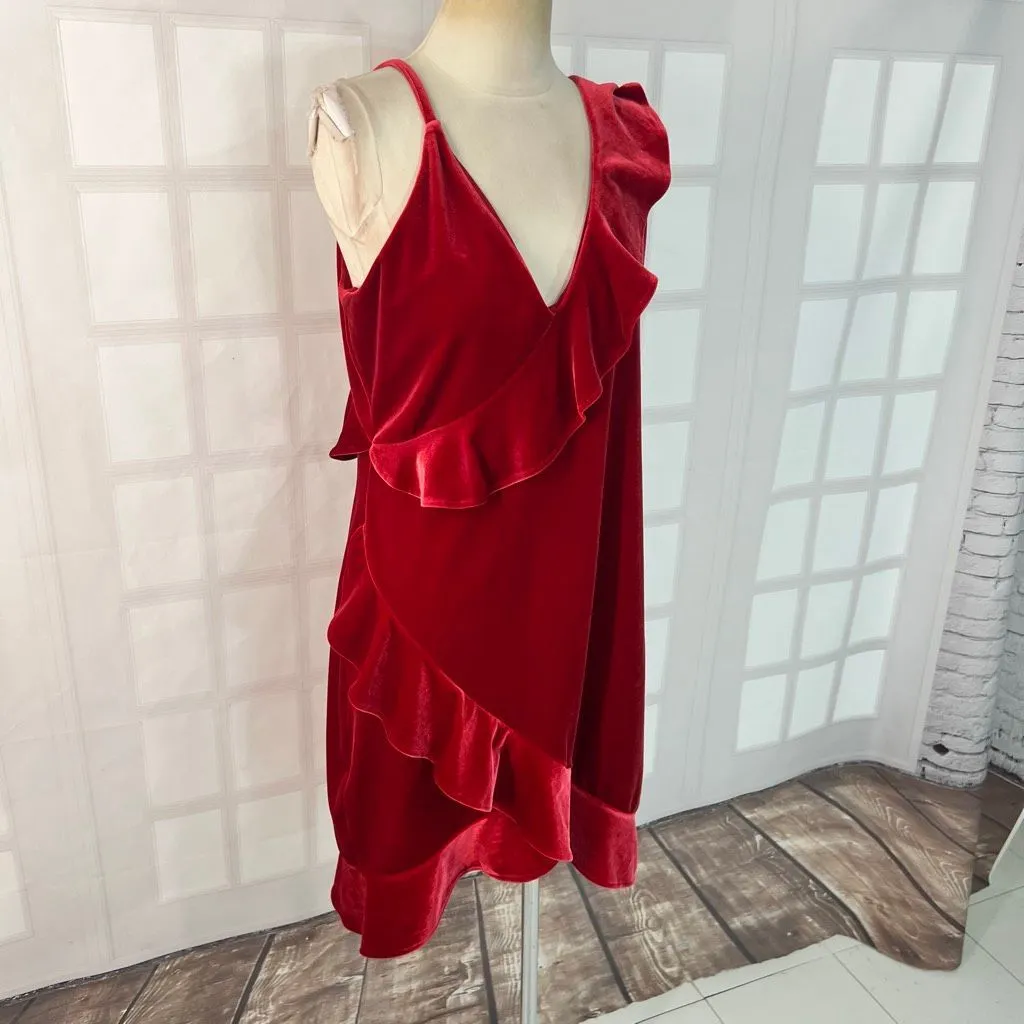 Express Diva Red Velvet Ruffle Hi-Low Hem V-neck Party Mini Dress Large - Image 2
