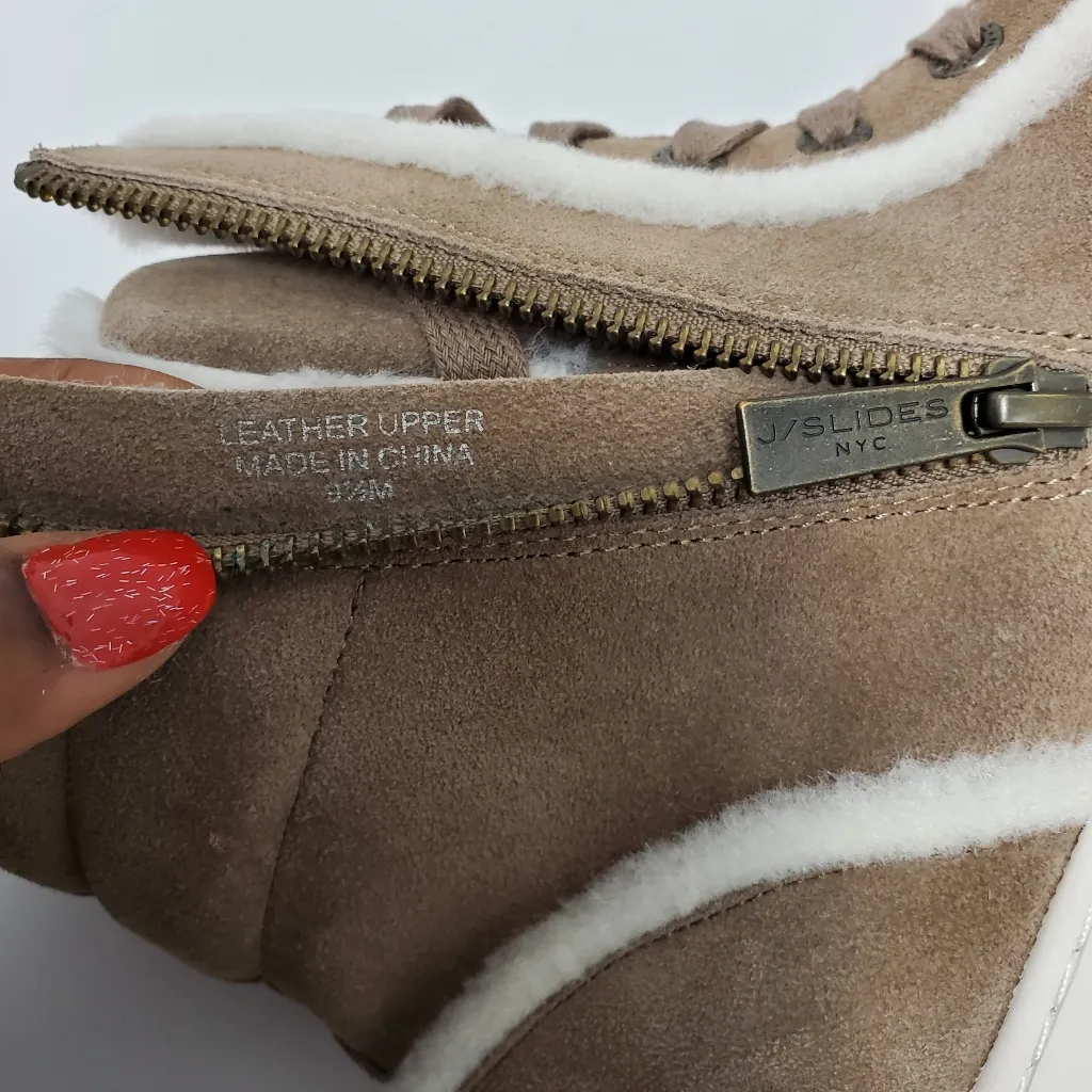 J Slides NYC Nadal Faux Fur High Top Platform Boot Sneakers Taupe Suede Size 9.5 White - Image 8