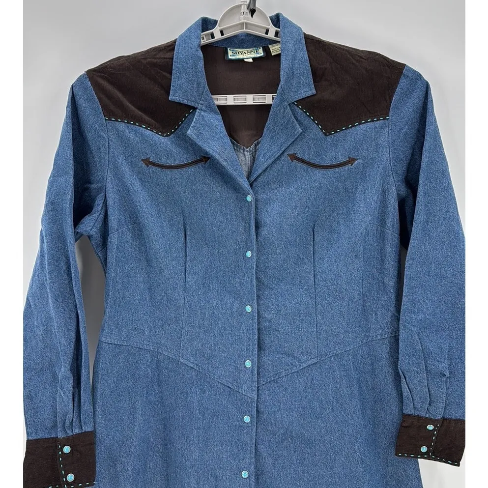 Shyanne western Cowgirl Denim Corduroy Trim turquoise snap button midi size XL - Image 3
