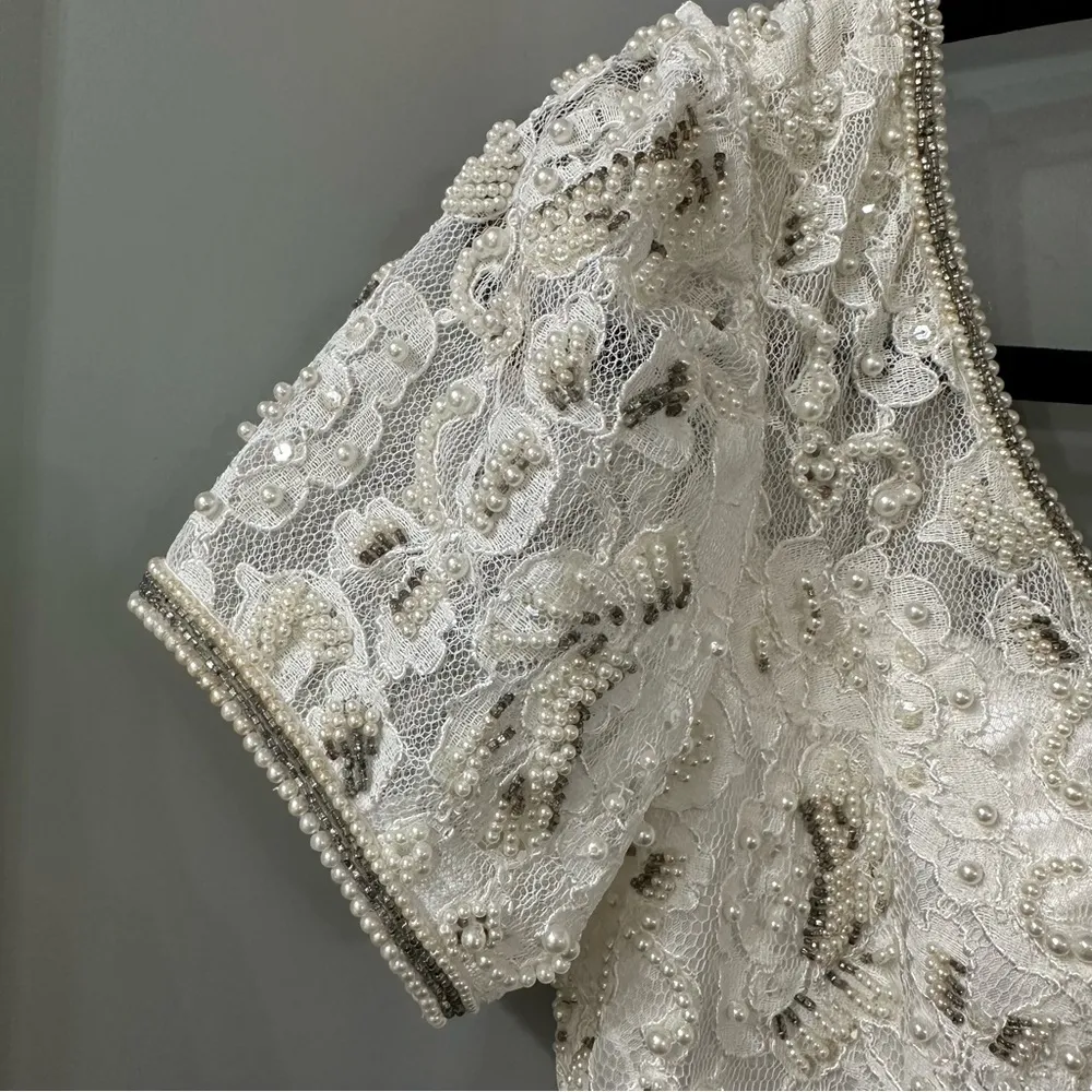 Mori lee Wedding Dress Fully Beaded Short Sleeve Wedding Dress Bow Detail Sze 10 - Image 4