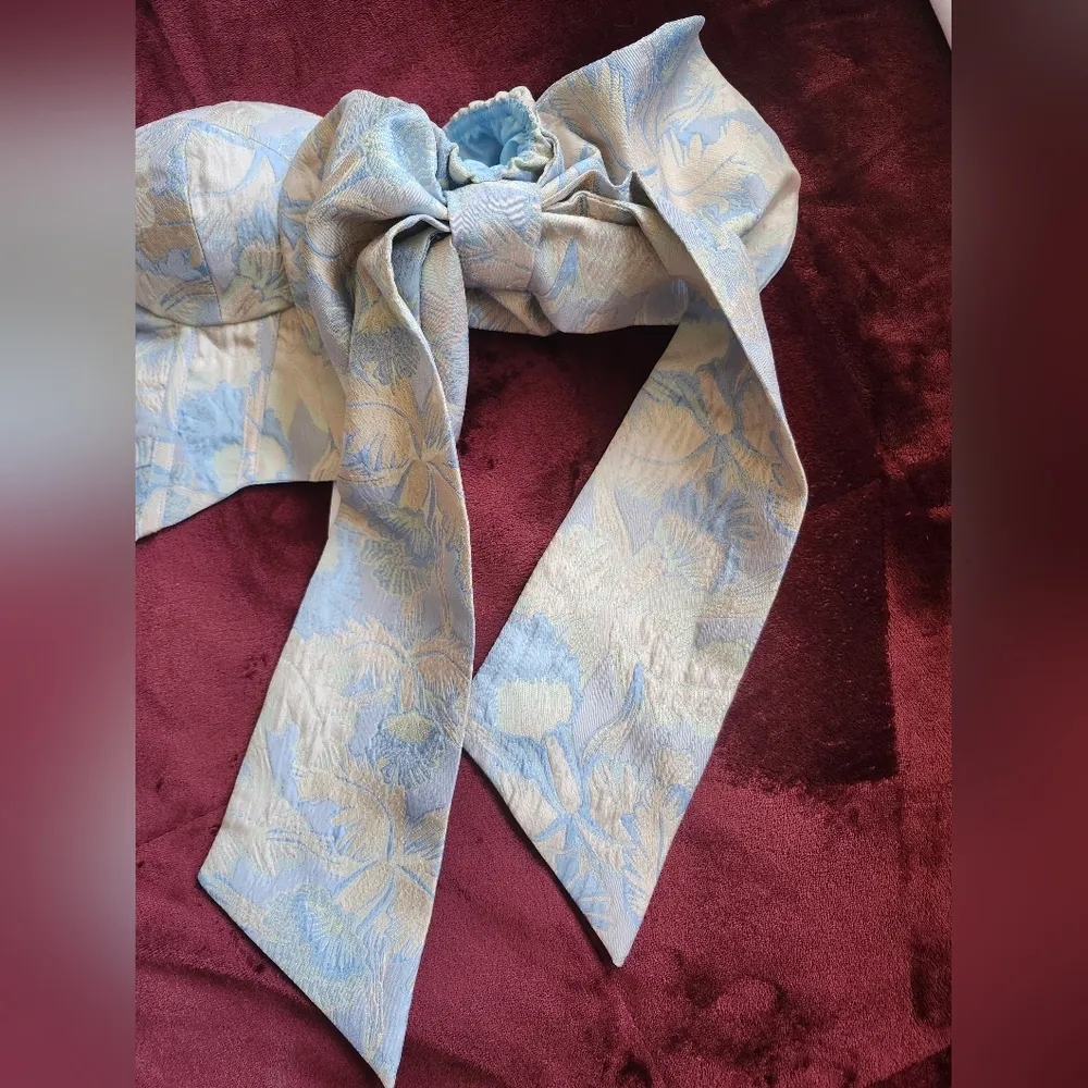 ASOS LUXE jacquard bandeau corseted top w/bow tie sleeves in blue floral Sz 2 - Image 9