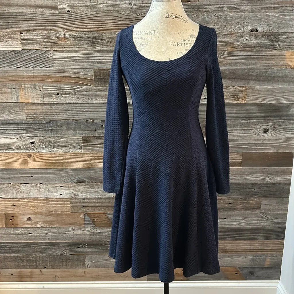 Anthropologie Maeve Sasha Navy Fit and Flare Textured Long Sleeve Dress Small - Image 3