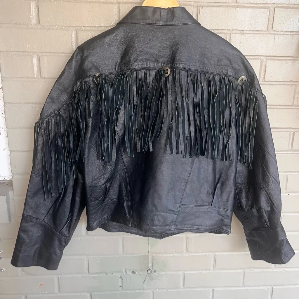 Vintage Cropped Black Leather Studded Jacket with Fringe Fringes Size L Size L - Image 9