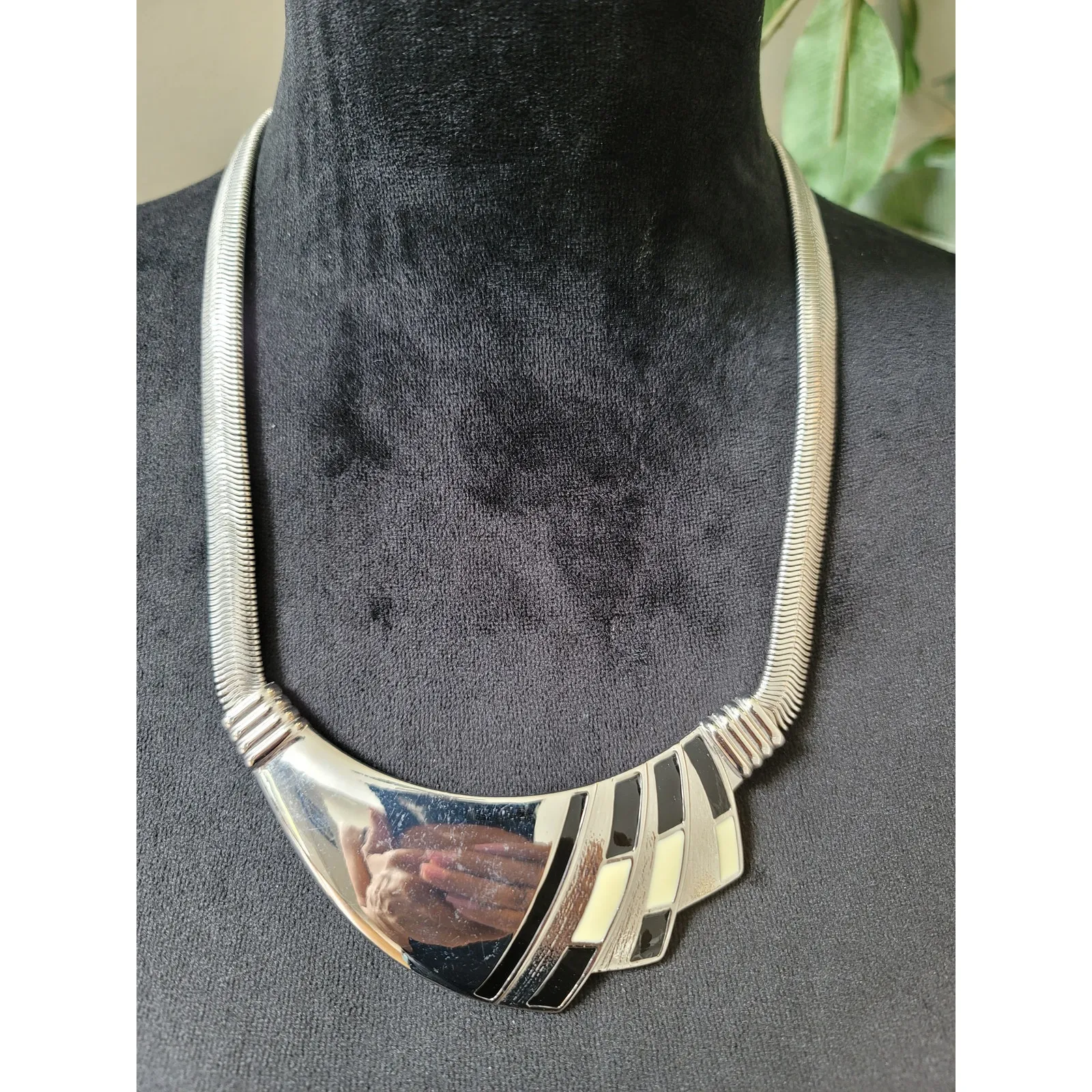 Chico's Silver-Tone Geometric Statement Collar Necklace with Black  Cream Enamel - Image 2