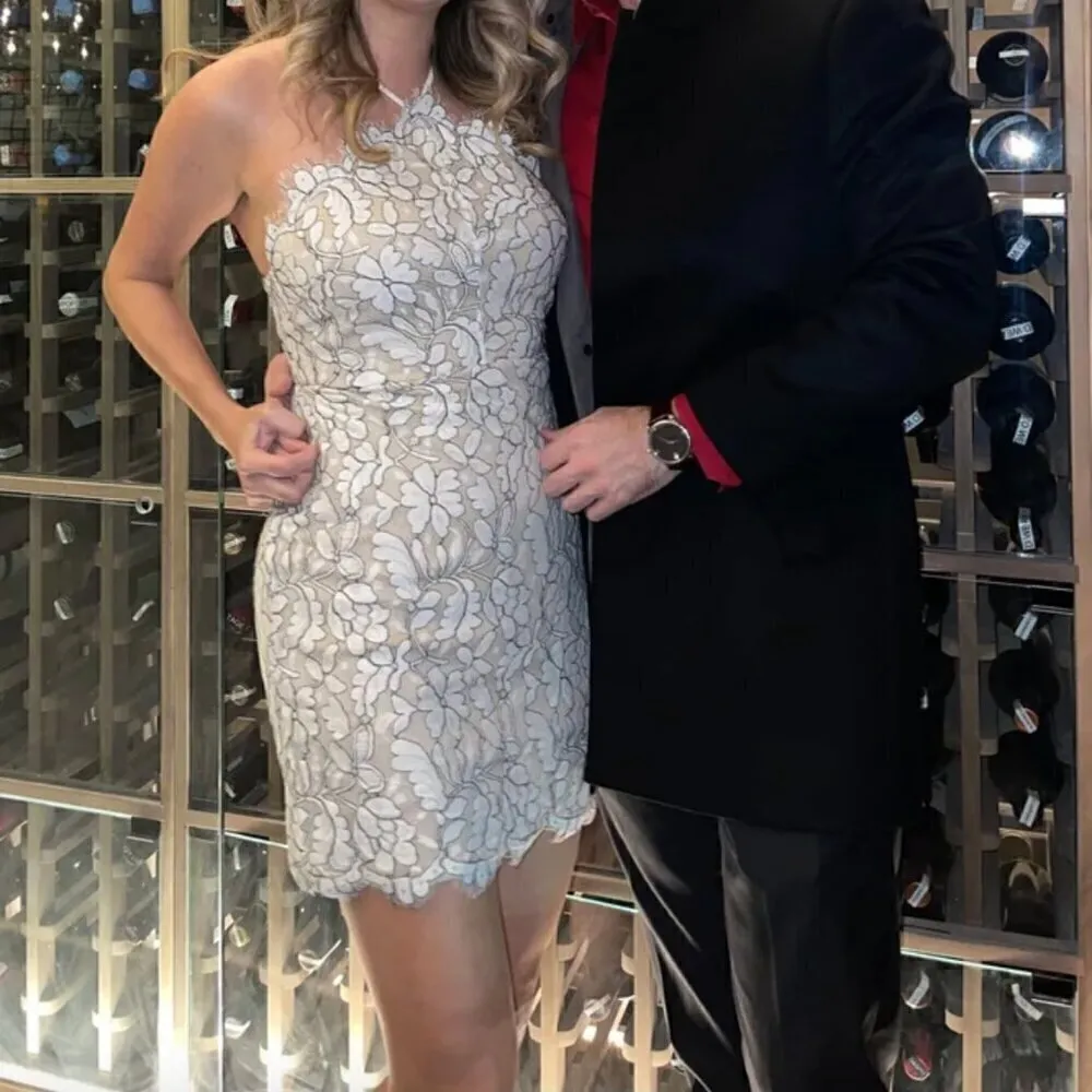 Lulus  Delicate Darling Mini Dress M Beige Ivory Lace Bodycon Bridal Graduation - Image 5