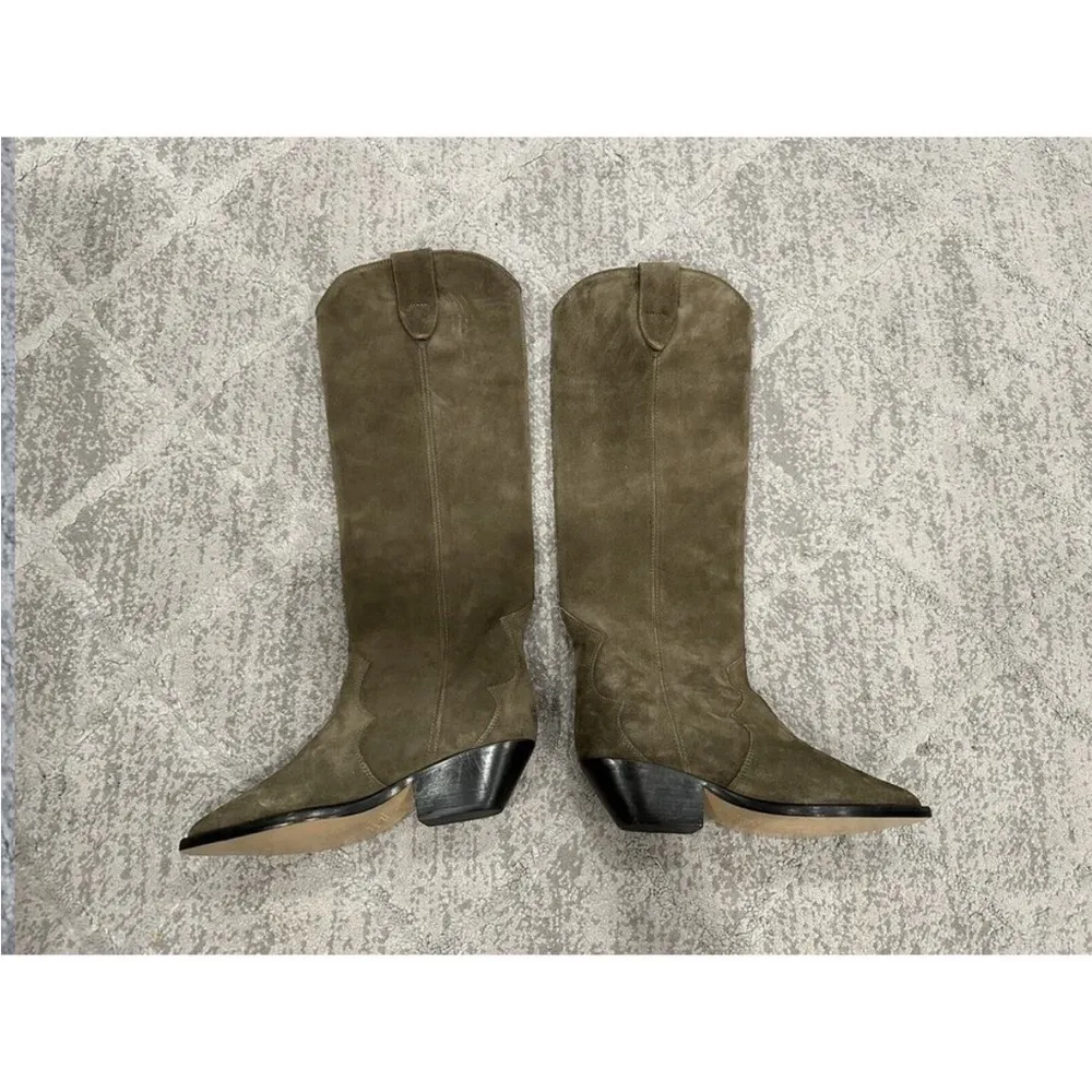 Isabel Marant Denvee Suede Western Knee High Tall Boots Khaki EU 35 - Image 5