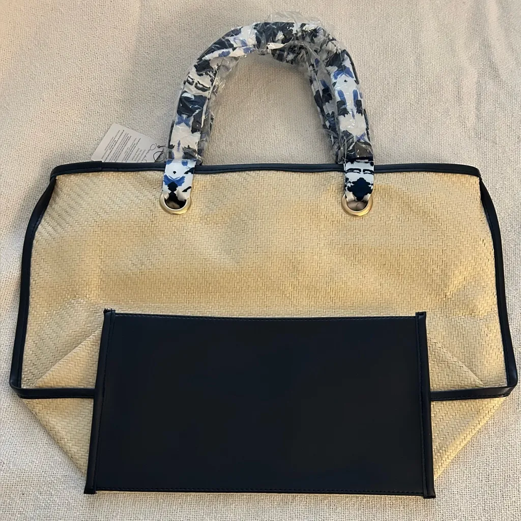 Oscar de la Renta NWT Straw Tote Bag Scarf Handle Resort Coastal Quiet Luxury - Image 3