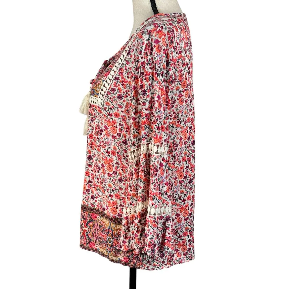 One World Medium Top Floral Gauzy Crochet Tasseled Keyhole 3/4 Bell Sleeve Multi - Image 6