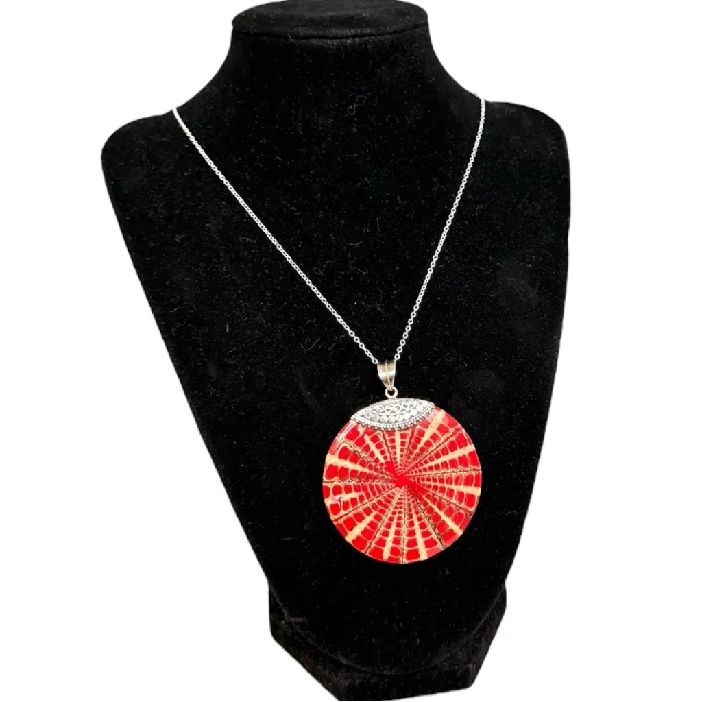 Samuel B Behnam Dyed Red Round Sterling .925 Pendant Silver Necklace Chain EUC - Image 8