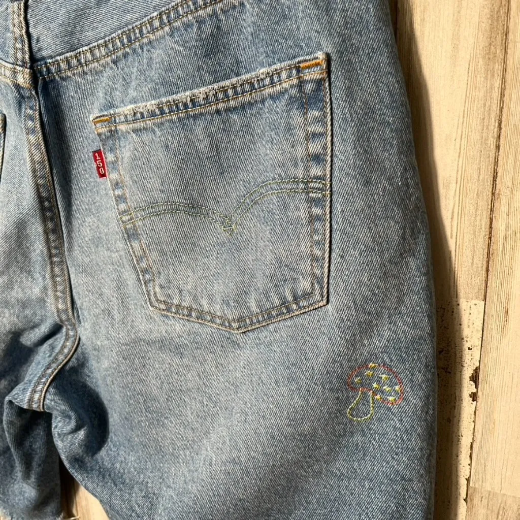 Levis‎ 501150th Blue Denim Jorts Bermuda Patch Raw Hem Womens Size 32 - Image 6
