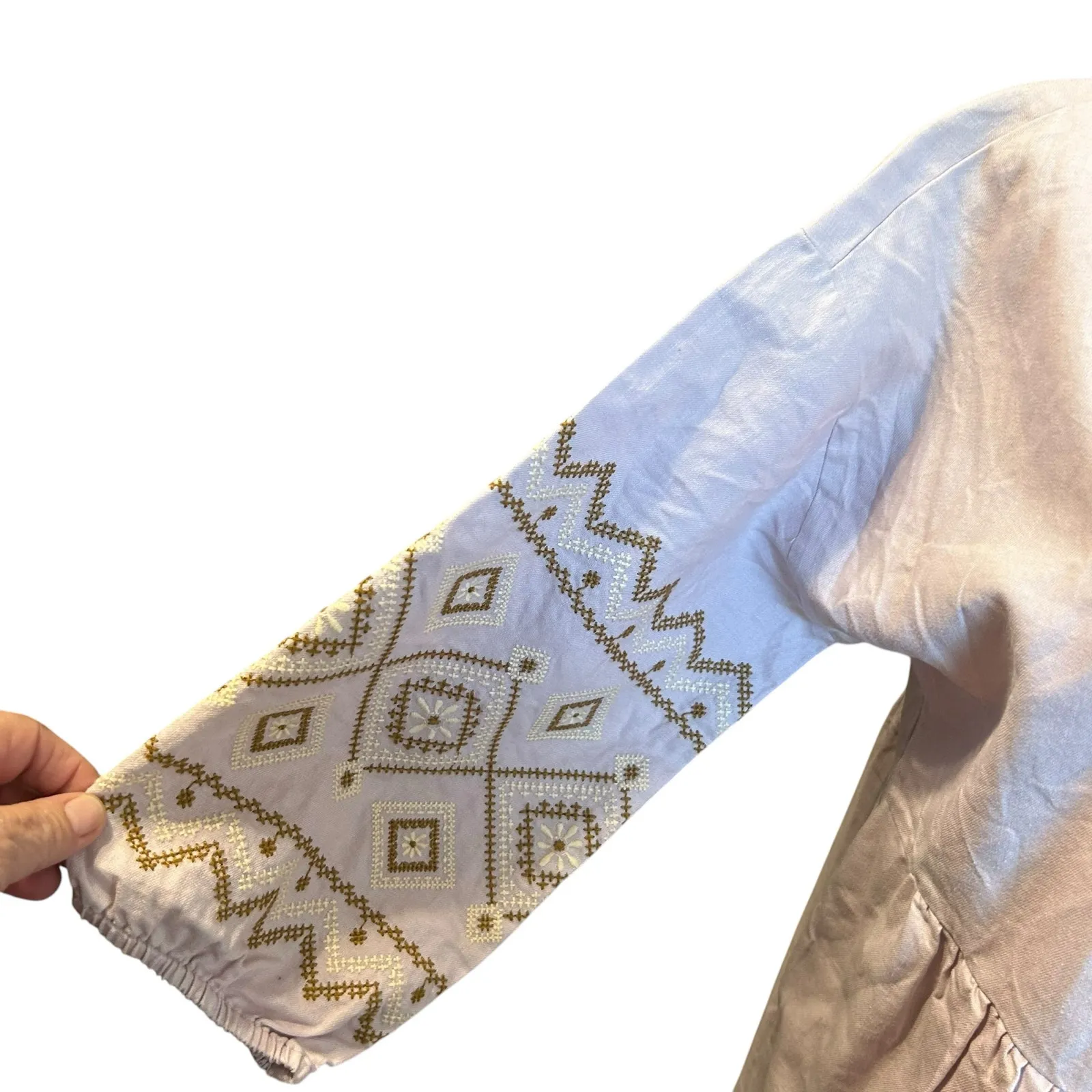 Madewell V-Neck Dress Linen Blend Embroidered Neckline & Peasant Sleeves SZ SM - Image 6