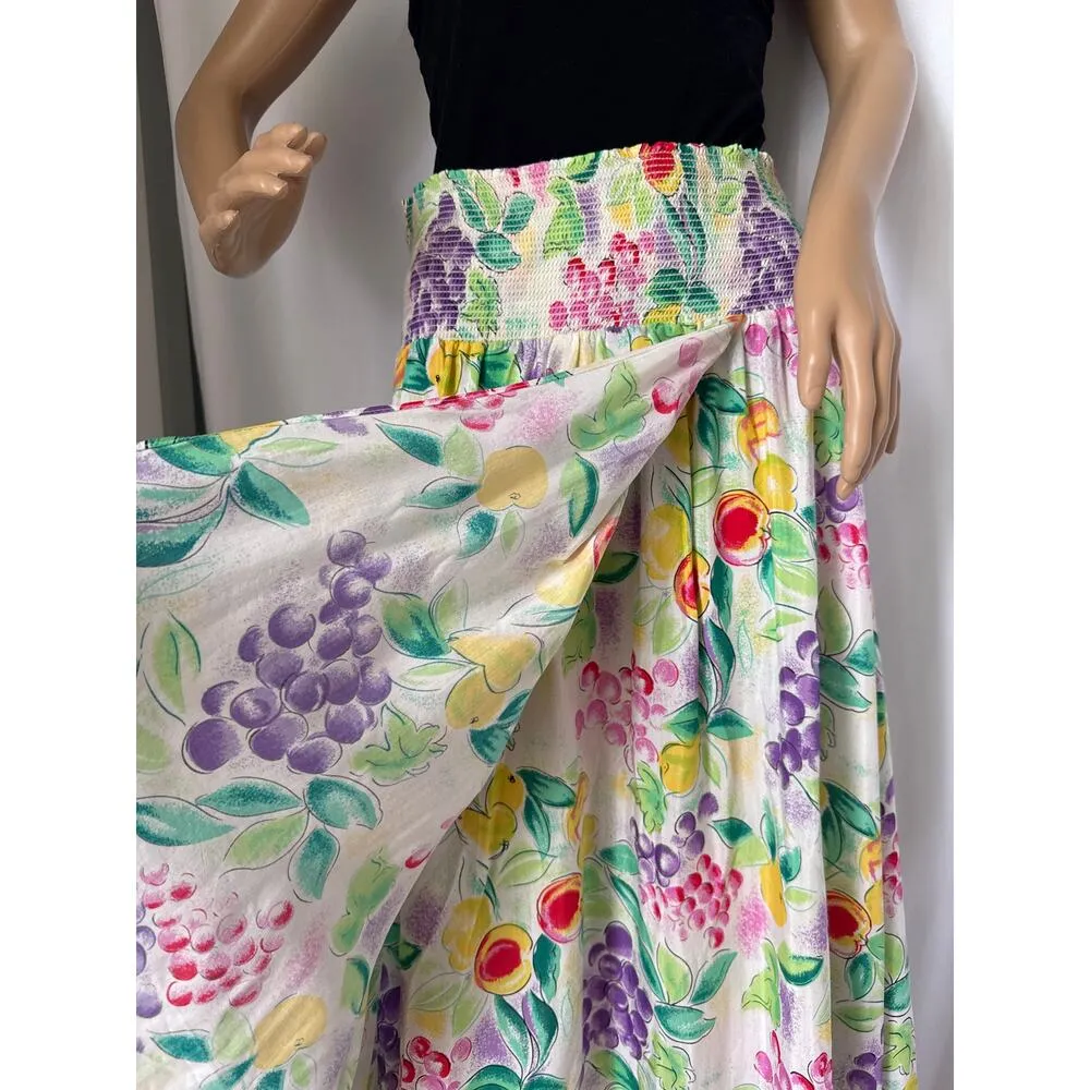 Vintage unbranded Floral fruit wrap smocked waistband midi skirt medium White - Image 2