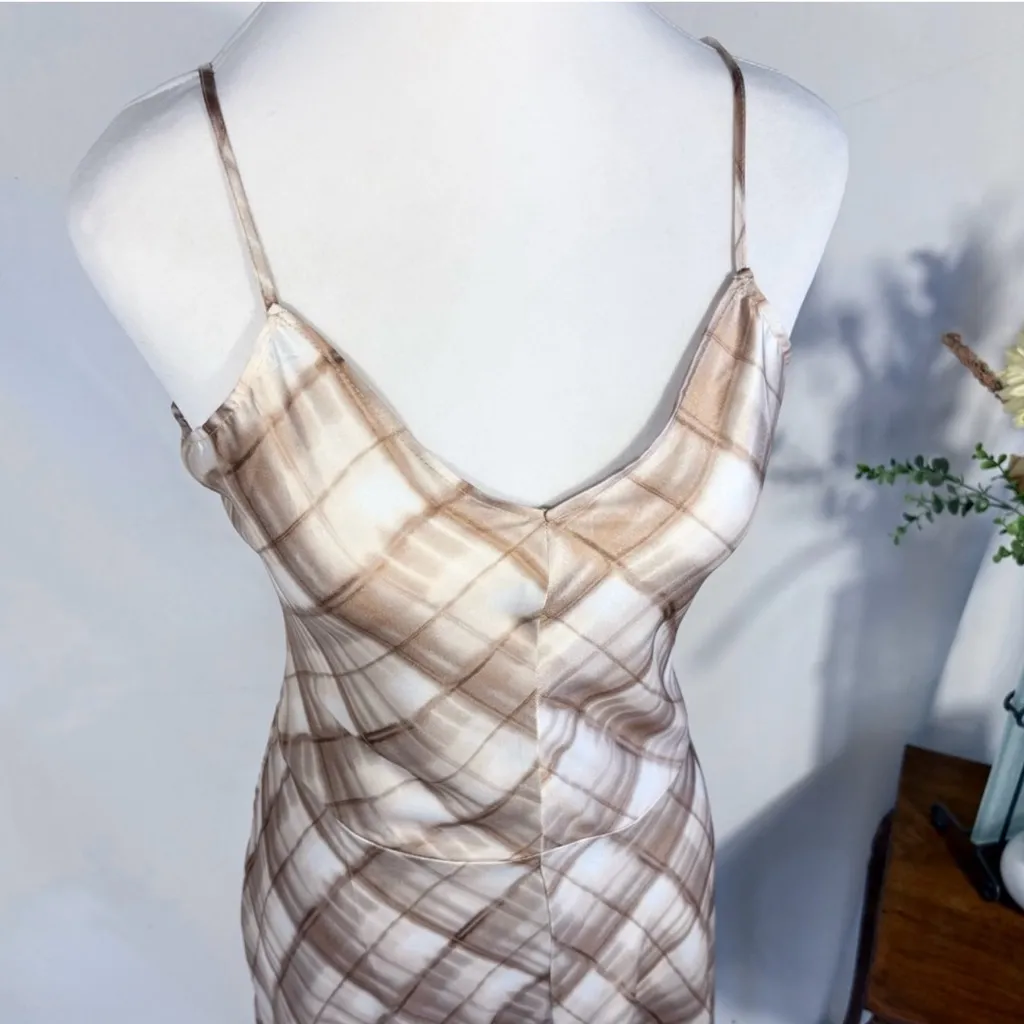 Elie by Elie Tahari Tan Plaid Spaghetti Strap Bias-Cut Midi Slip Dress Sz S🧡 - Image 3