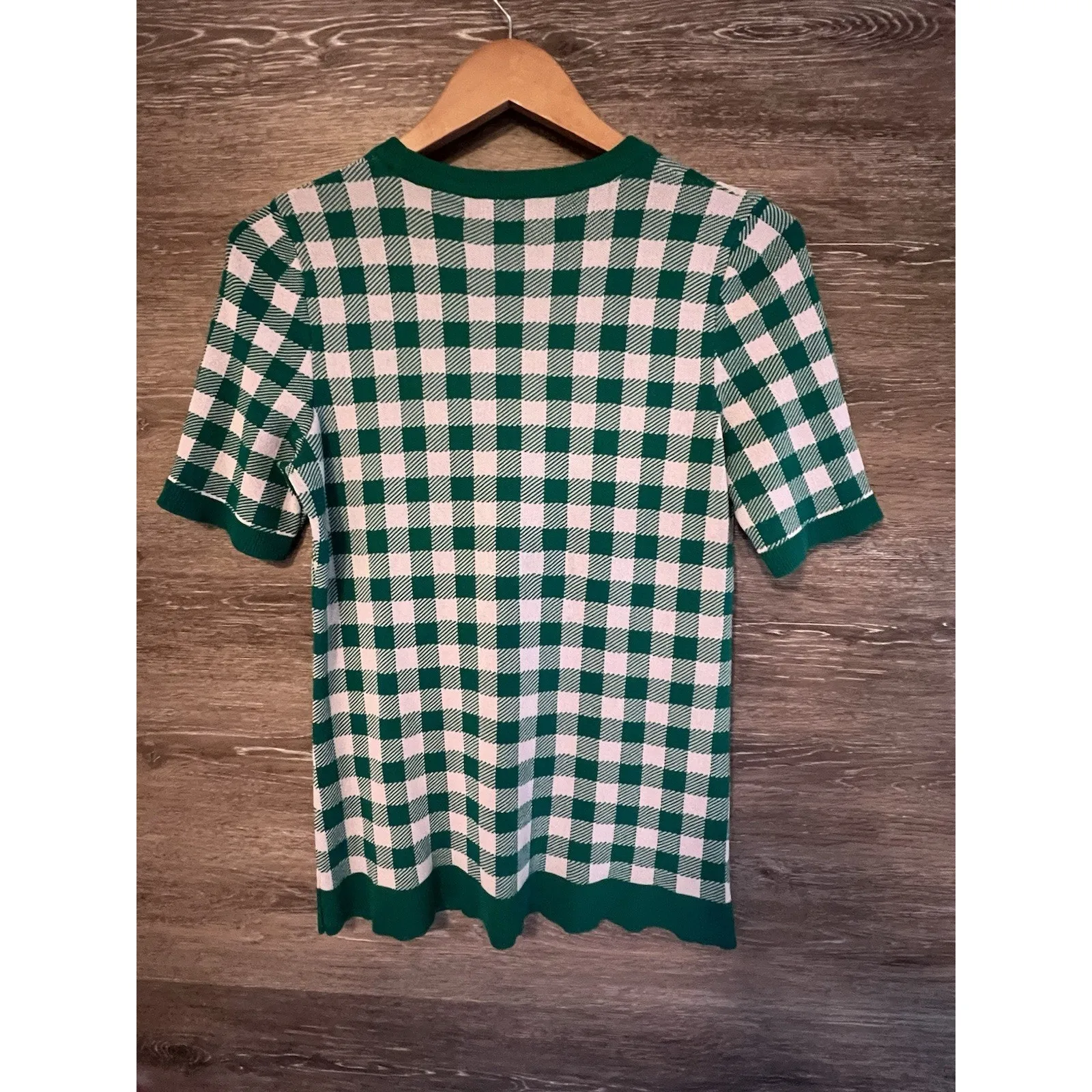 Ronny Kobo Check Plaid Short Sleeve Sweater Green and White Size Large Preppy - Image 8