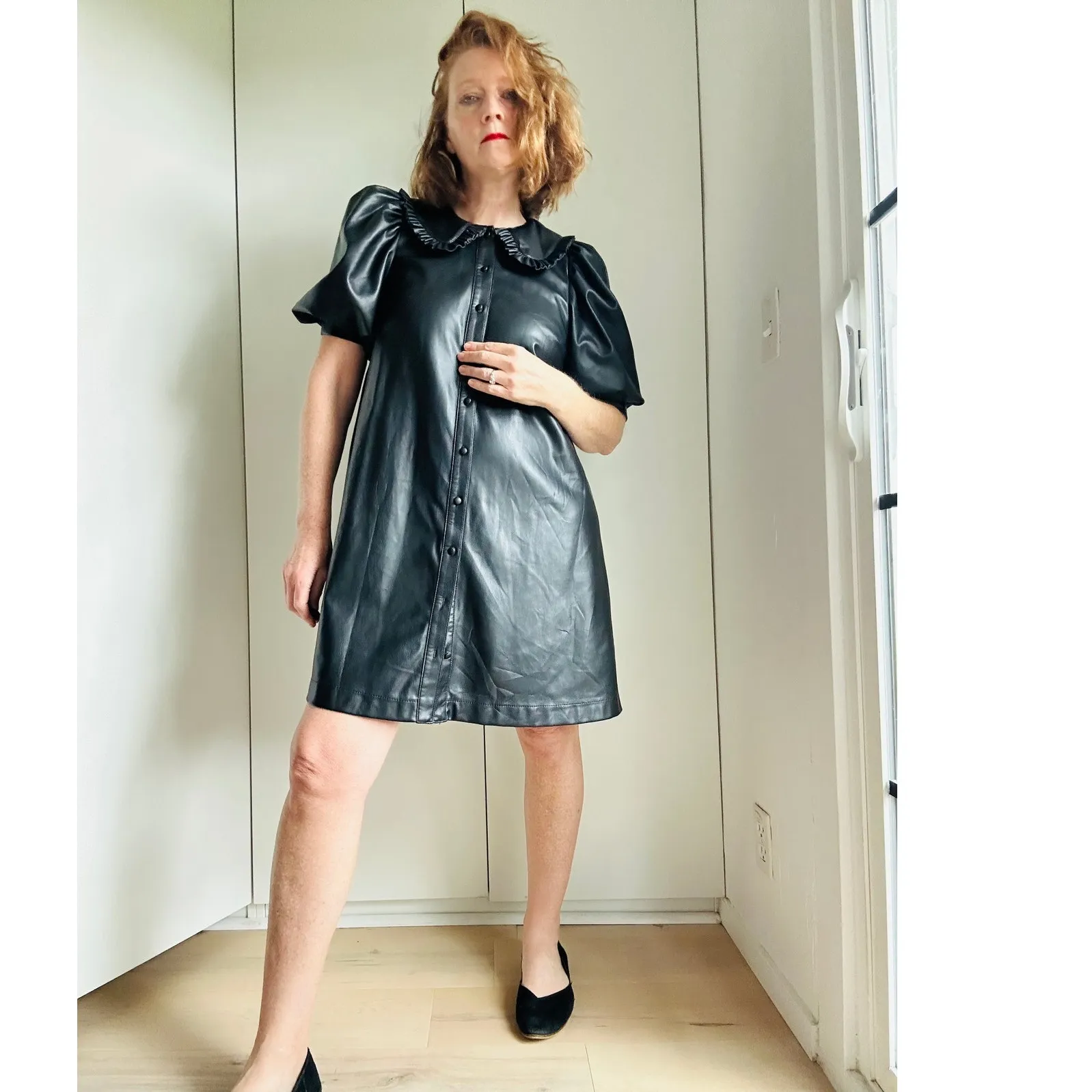 Y2K Pleather Gothic black Dress Size Small Collar Puff  sleeves Babydoll Vegan - Image 5