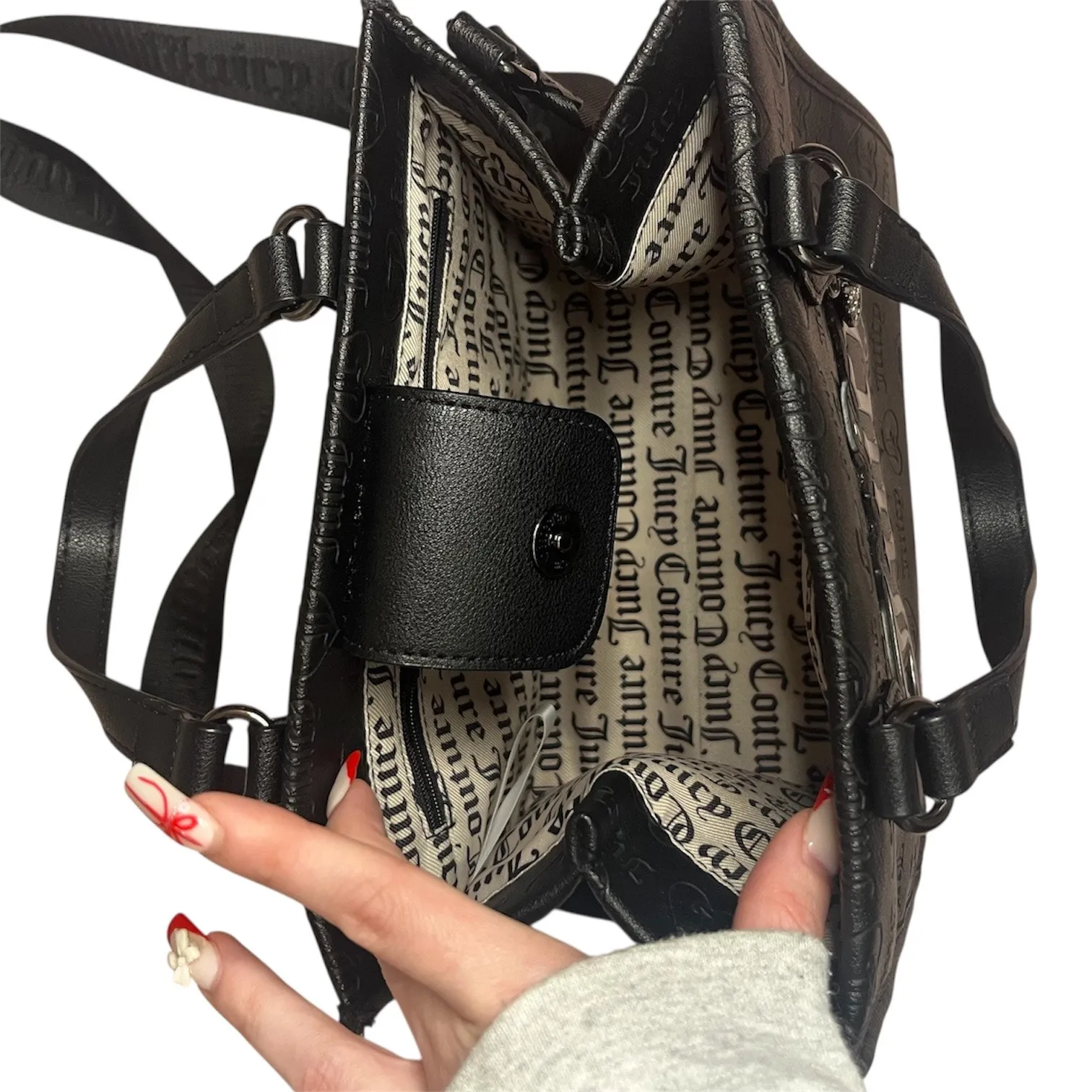 Juicy Couture Black Embossed Logo Satchel Crossbody Heart Charm Bag Purse - Image 6