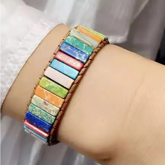 7 Chakra Healing Rectangle Stone Bracelet Woven Leather Rope Blue - Image 2