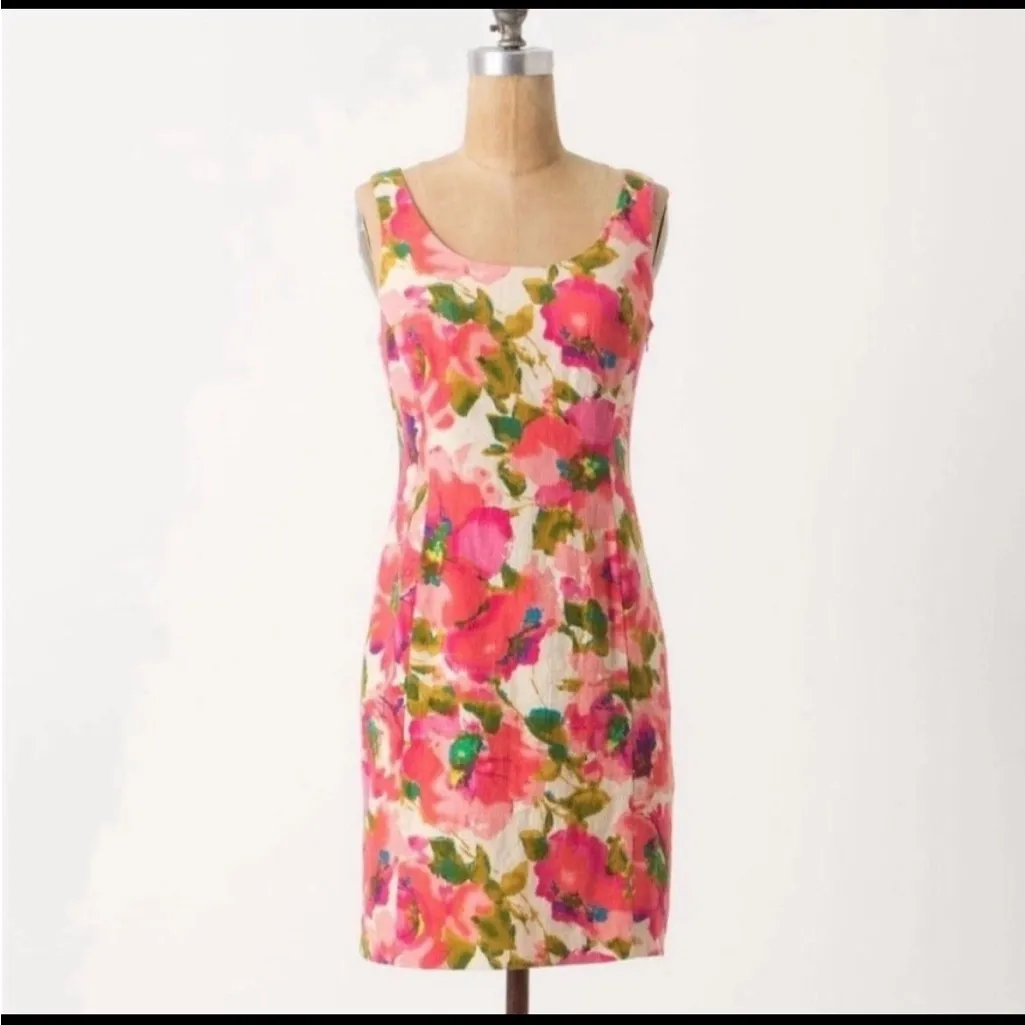 Anthropologie Postmark Blushing Olena pink floral sleeveless dress size 2 linen - Image 2