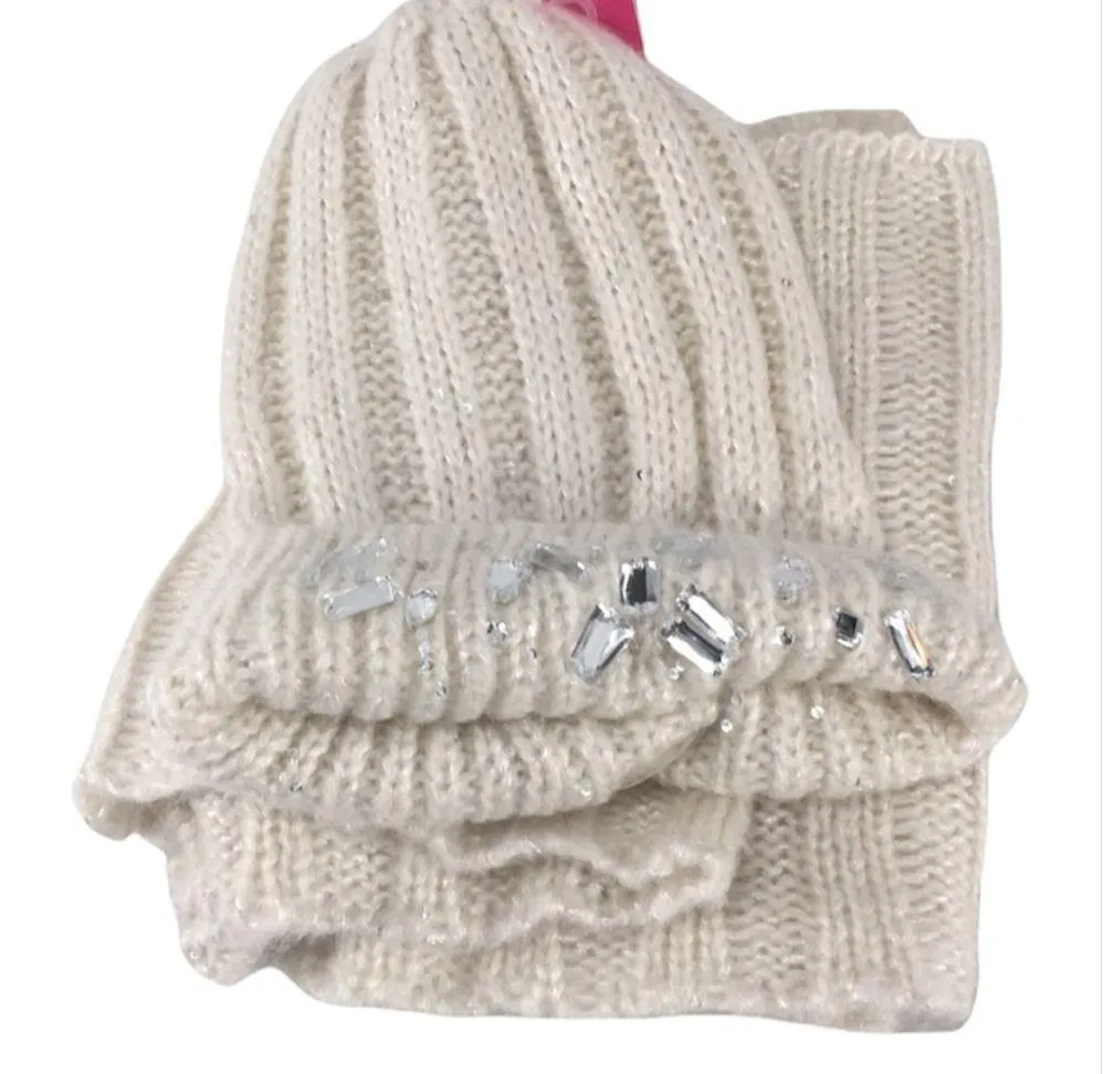 Betsey Johnson Infinity Scarf & Jeweled Beanie, Cream - Image 5