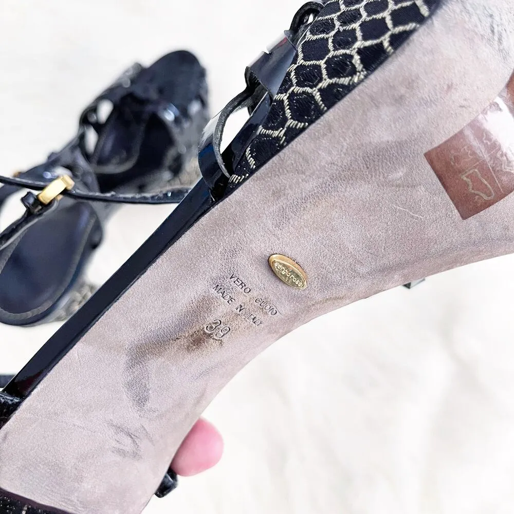 Sergio Rossi Black and Gold Textured Platform Sandals - Image 11