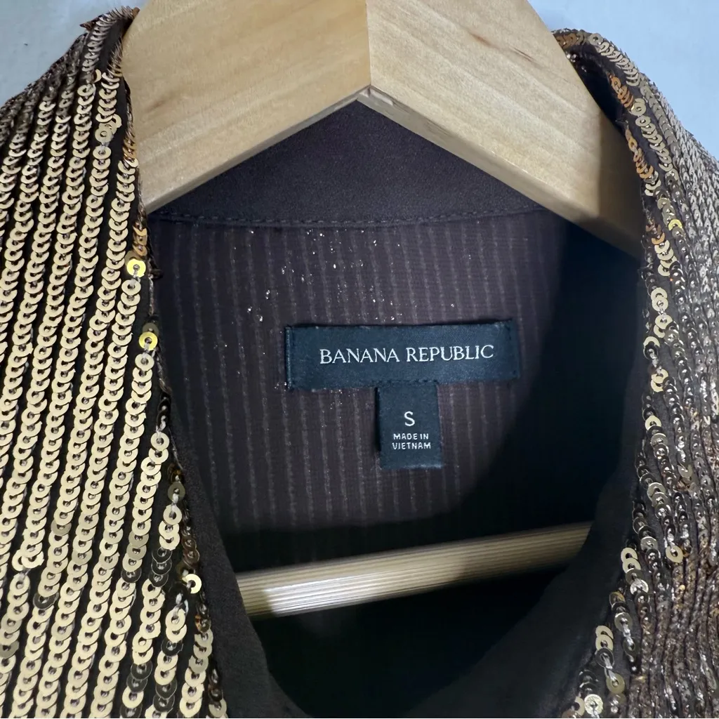 Banana Republic Ulla Sequin Shirt Gold Brown Size Small Button Front - Image 5