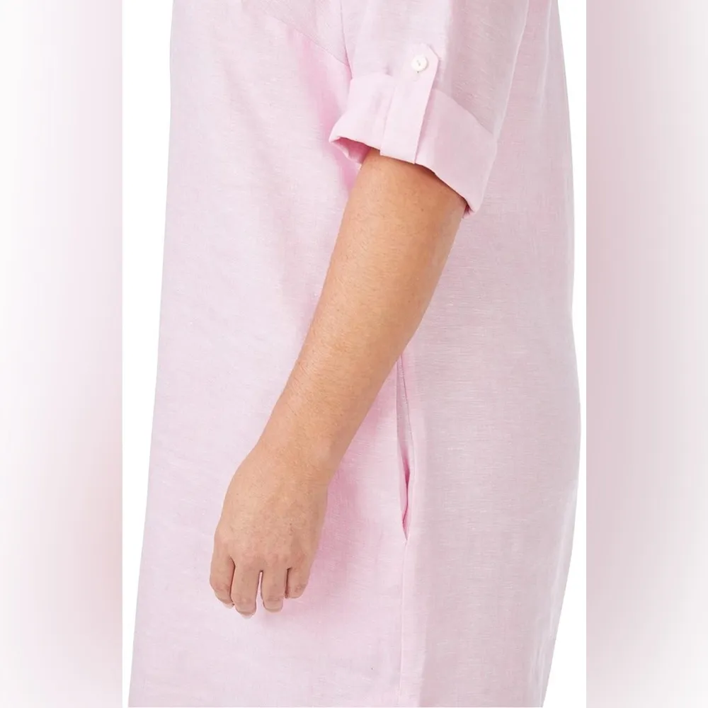 Foxcroft Women's Plus Size 14 Pink Linen Shirt Dress 3/4 Sleeve V-Neck - Image 6