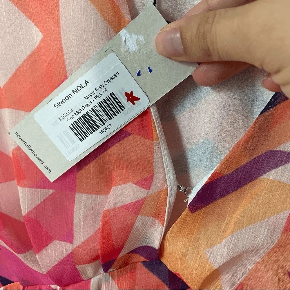 Never Fully Dressed Geometric MIDI Pink and Orange DRESS Size 4 - Image 13