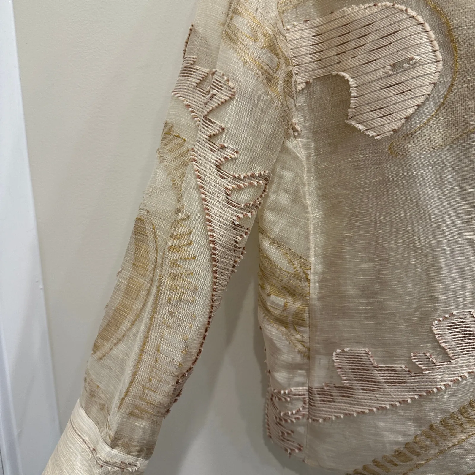 Akris Sheer Linen Silk Cotton Embroidered Abstract Boho Blouse Beige Gold Size 8 - Image 12