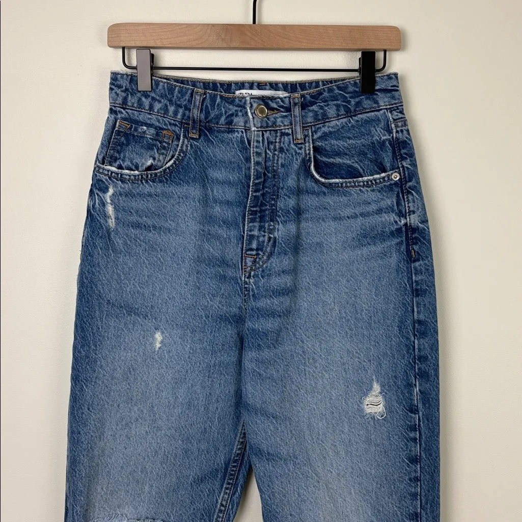 Zara Mom Jeans Women’s Size 6 Blue Denim Distressed Relaxed High Rise - Image 2