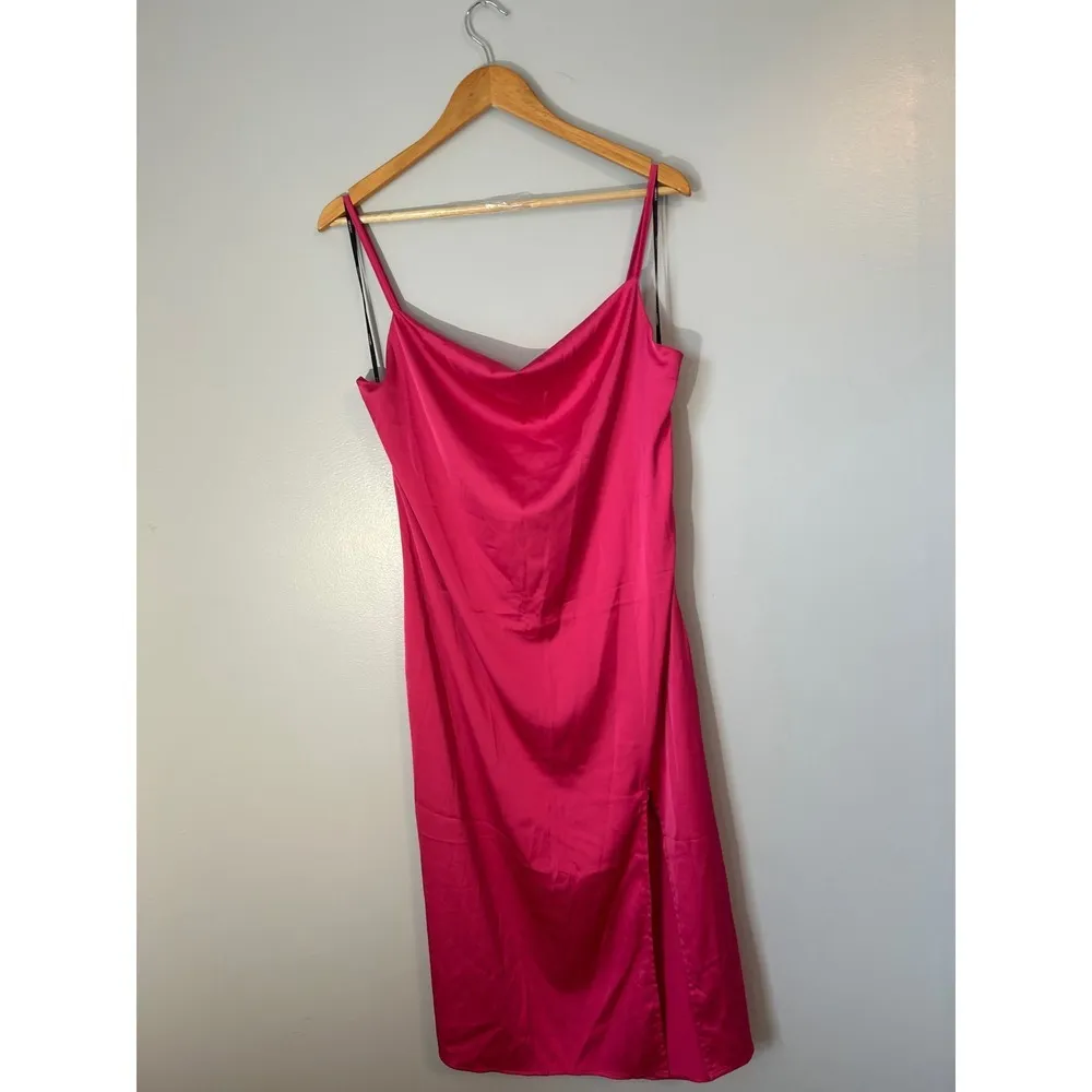 Satin Cowl Neck Slip Dress Hot Pink Midi Dress Sleeveless Party‎ Cocktail Size L - Image 2