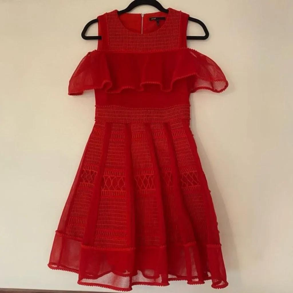 Maje Rosalie Mesh Structured Red Dress - Image 6