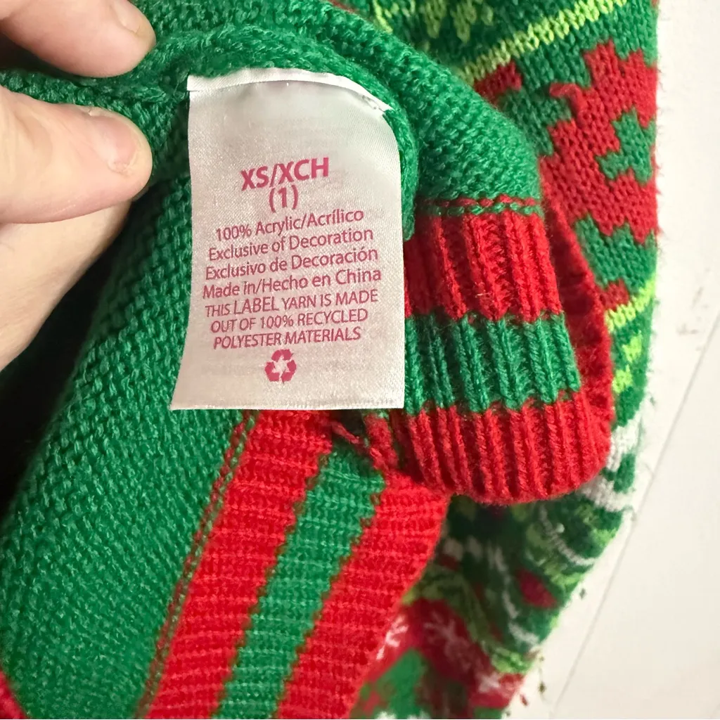 No Boundaries Festive Green Sweater with Red and White Patterns - Image 5