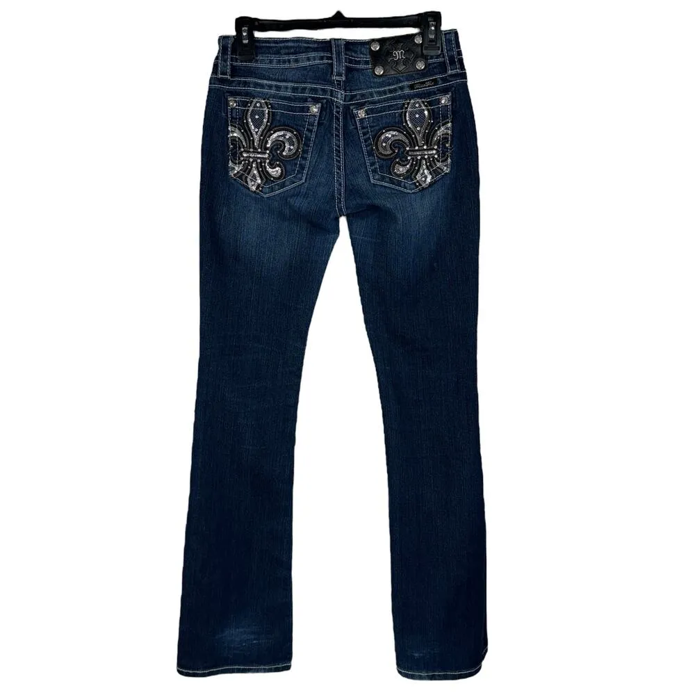 Miss Me SZ 27 Signature Boot Jeans Fleur de lis Rhinestones Sequins Whiskered - Image 5