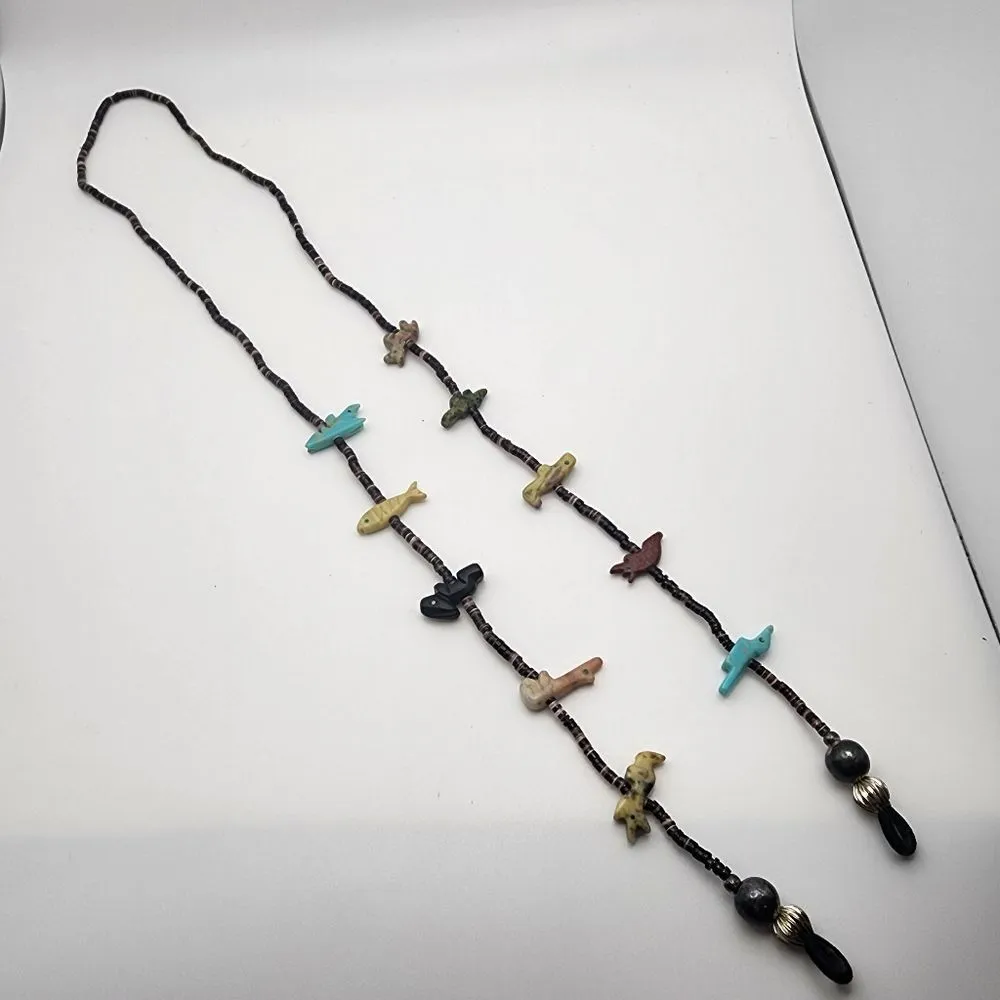 Stone Fetish Animal & Shell Heishi Beads Glasses Chain Blue - Image 2